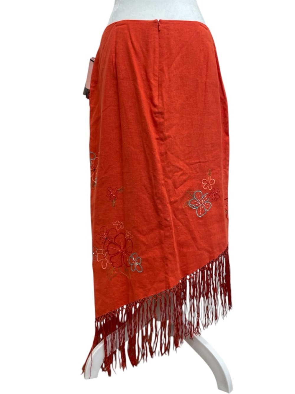 Muse Vintage Orange Linen Embroidered Asymmetrical Fringe Hem Midi Skirt - Picture 3 of 12